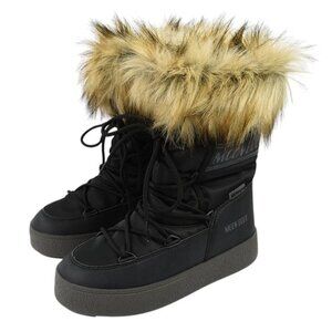 MOON BOOT Black LTRACK MONACO LOW Faux Fur Waterproof Lace Up Boots 6 NEW